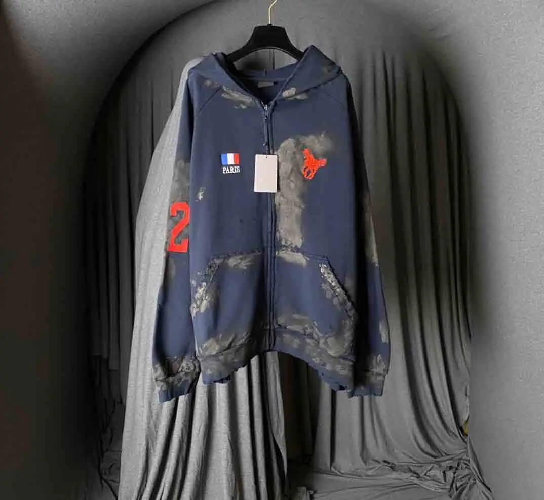 

Толстовка с капюшоном для мужчин и женщин, роскошные свитшоты с французским флагом, на молнии, с вышивкой лошади, большие размеры