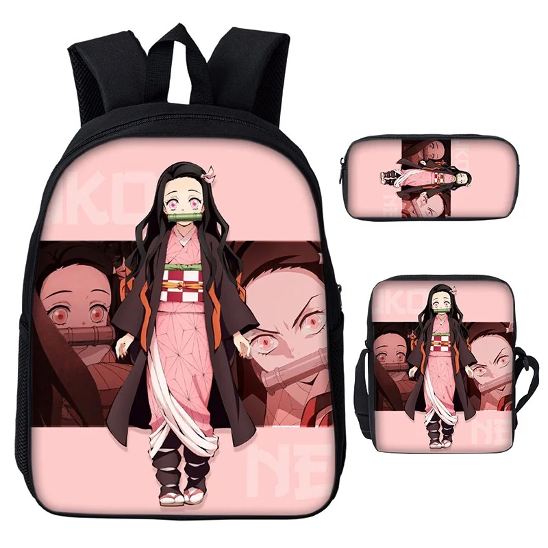 3 Piece Demon Slayer Nezuko Tanjirou Children Shoulder Bags New Girls Boys Fashion Anime Student Backpacks New Kids Cute Pen Bag