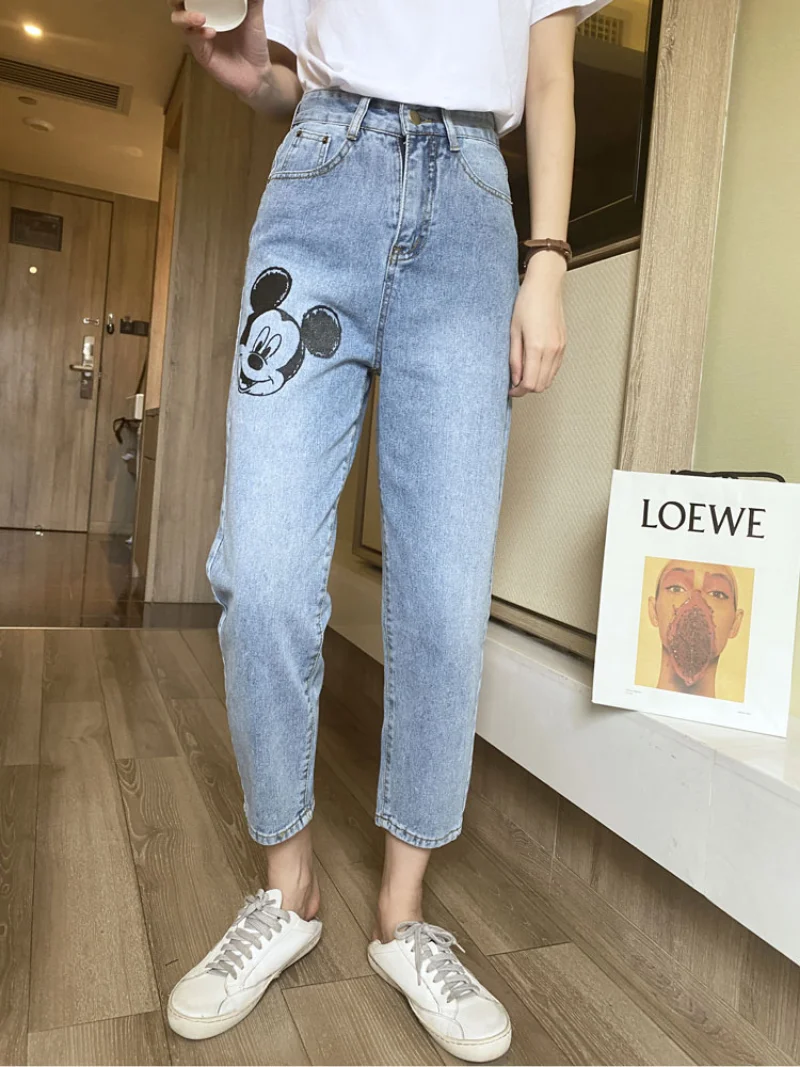 Cartoon Straight Jeans Women's 2023 Early Spring New Trendy Printed Cropped Pants High Waist Loose Slimming Harem Pants Trousers