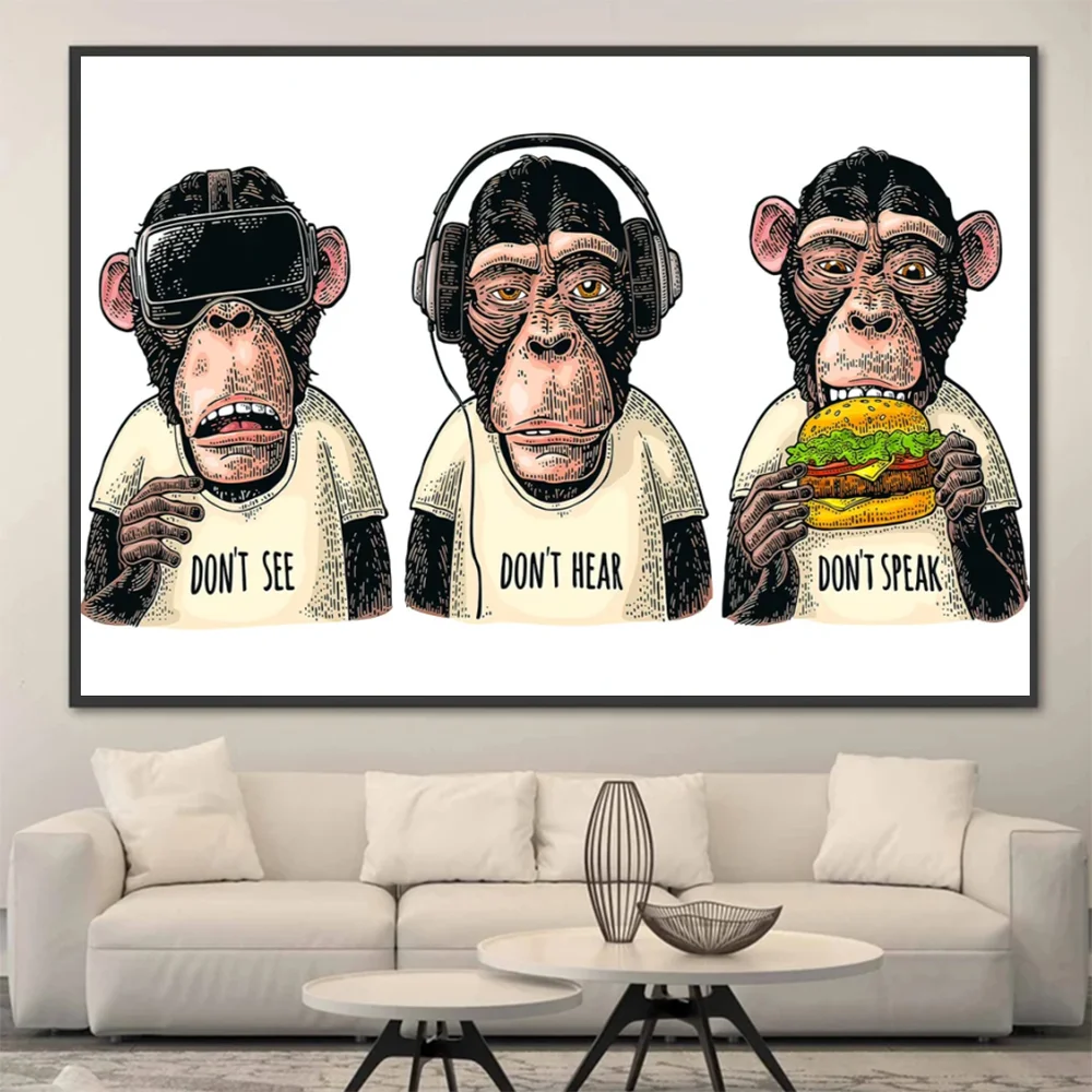 

Three Monkey Canvas Painting No See No Hear No Speak Poster Abstract Animal Print Wall Art Living Room Home Decor Cuadros Gift