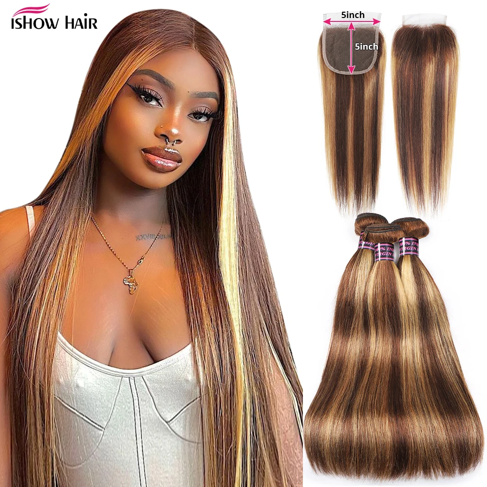 

Ishow Highlight Bundles With 5x5 Closure p4/27 Ombre Human Hair Bundles with Closure Bone Straight Bundle with 5x5 Lace Closure