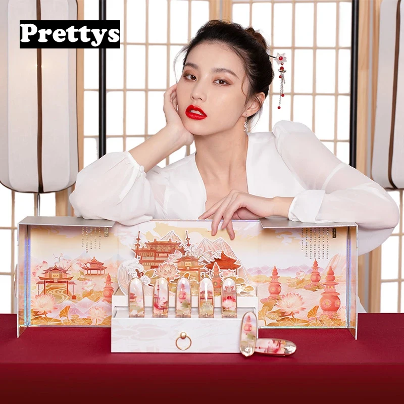 Antique Paper-Cut Lotus Lipstick 5Pcs Cosmetics Set Chinese Style Carved Lipstick Matte Lasting Moisturizing Lip Make Up Tool