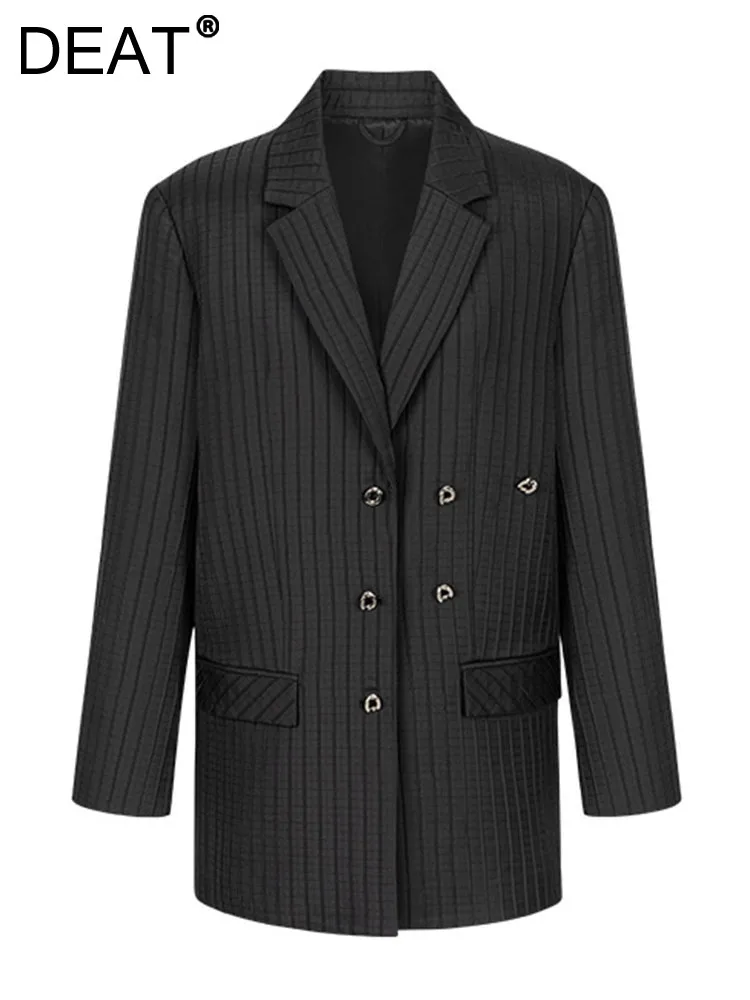 

DEAT Fashion Women's Blazer Notched Collar Loose Triple Breasted Long Sleeve Pleated Suit Jackets Autumn 2023 New Tide 17A4793