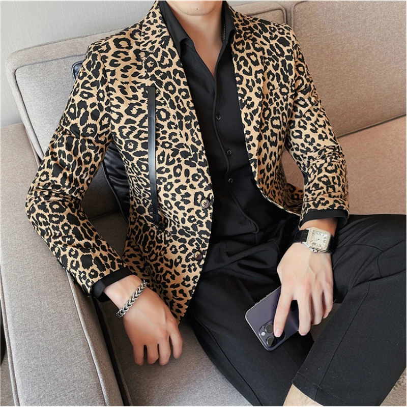 

Luxury Leopard Print Men's Casual Blazers Spring Autumn New Party Nightclub Suit Jacket Men's Slim Social Wedding Tuxedo 4XL-M