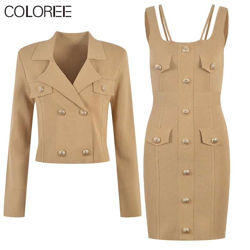 

2023 New In Sweater Matching Sets Designer Luxury Gold Buttons Knit Cardigan+mini Dress Two Piece Outfits Conjuntos Cortos