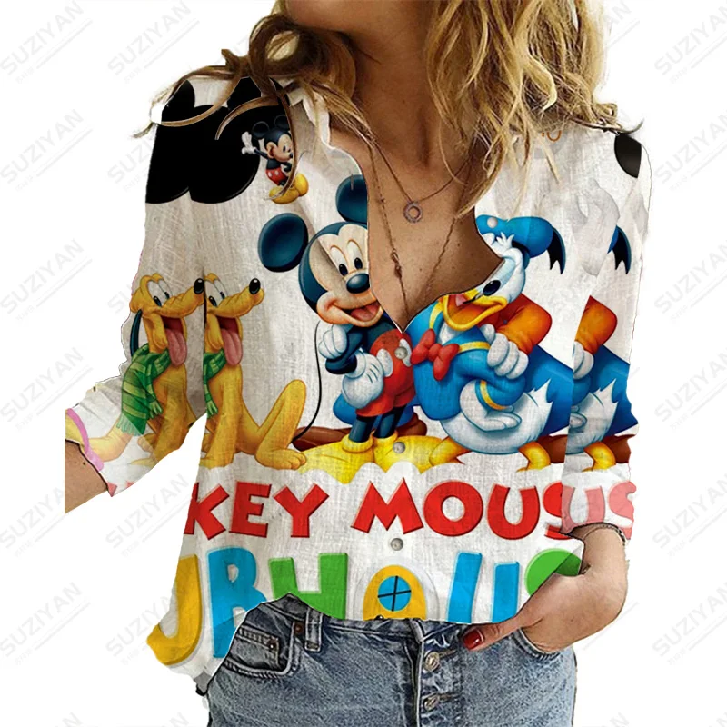 

Женские рубашки, повседневная одежда для работы с диснеевским Микки, блузки, Повседневная рубашка на пуговицах, женская мода