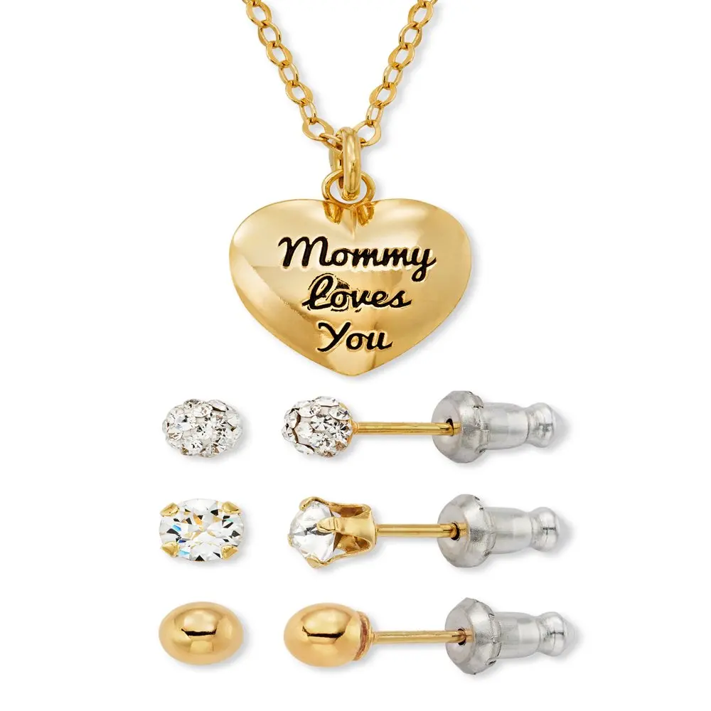 

14K Gold-Plated Sterling Silver Heart Necklace & Multi Studs Children’s Set