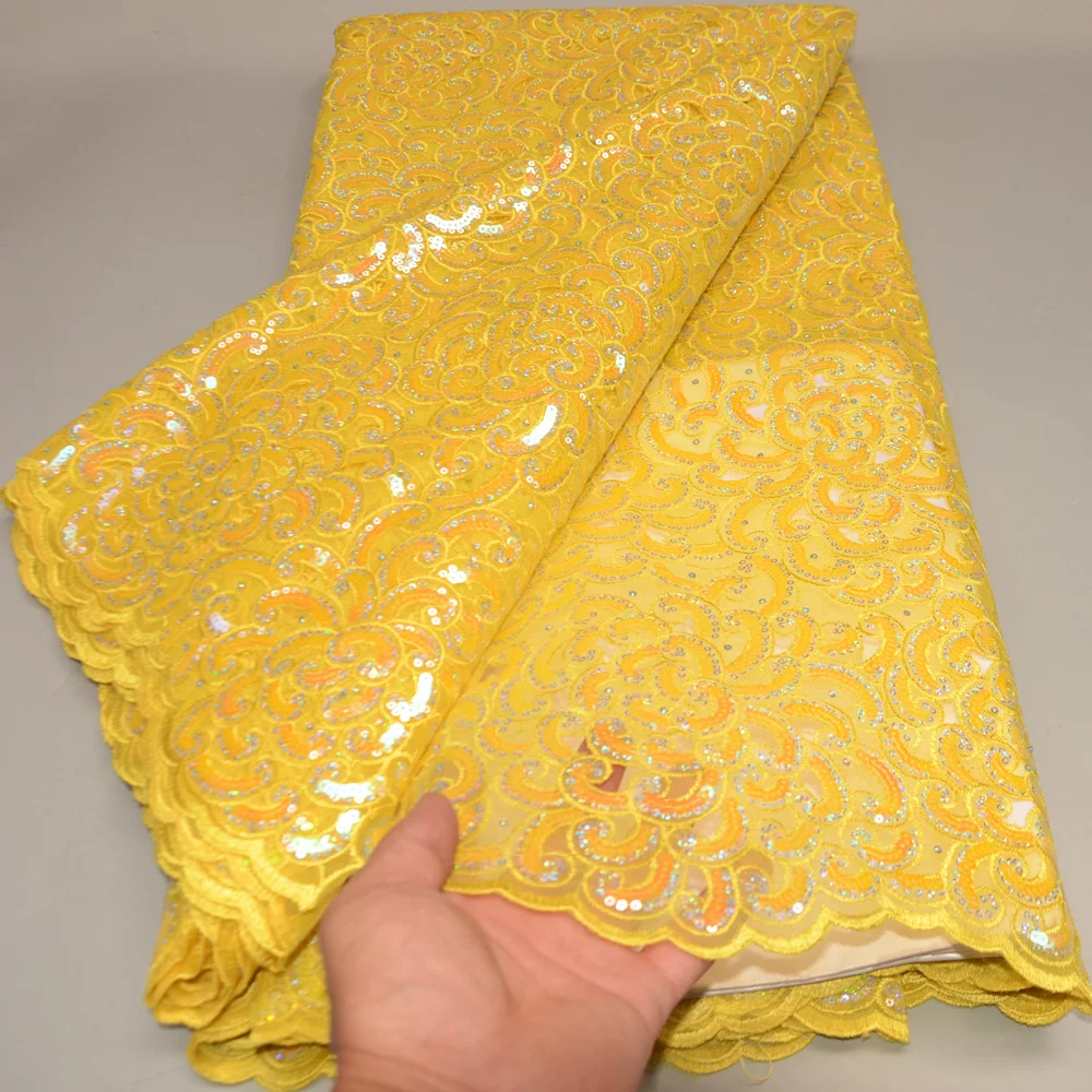 

(5yards/pc) High quality yellow African hand cut organza lace fabric with allover sequins embroidery for wedding party OP180