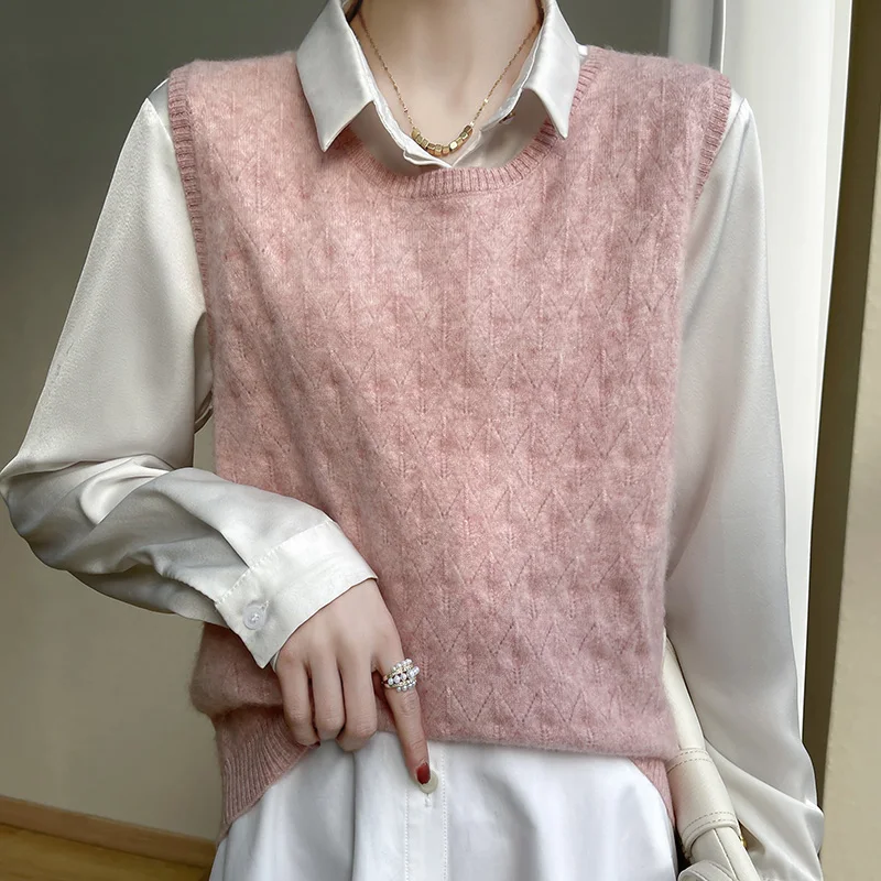 Качественный кашемировый жилет из чистой шерсти Женский Свободный с круглым