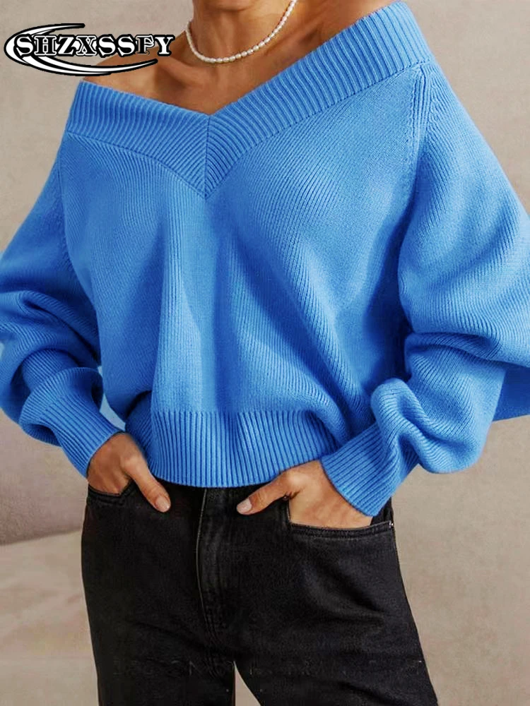 Suéter de manga larga con cuello en V para mujer, suéter informal Vintage de gran tamaño, moda de otoño e invierno, 2022