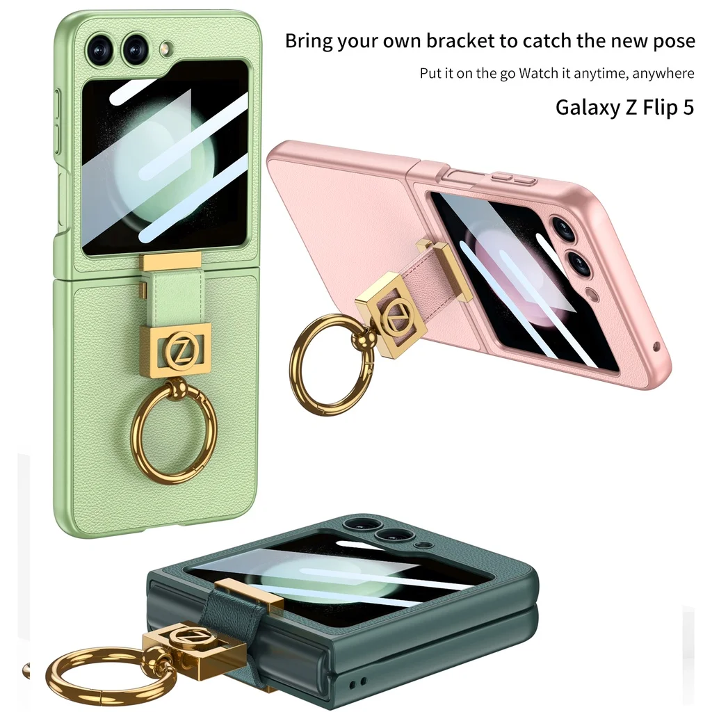 

For Samsung Galaxy Z Flip 5 Case Ultra-thin Skin-friendly Matte Plain Leather Metal Z Ring Bracket Folding Shockproof Cover