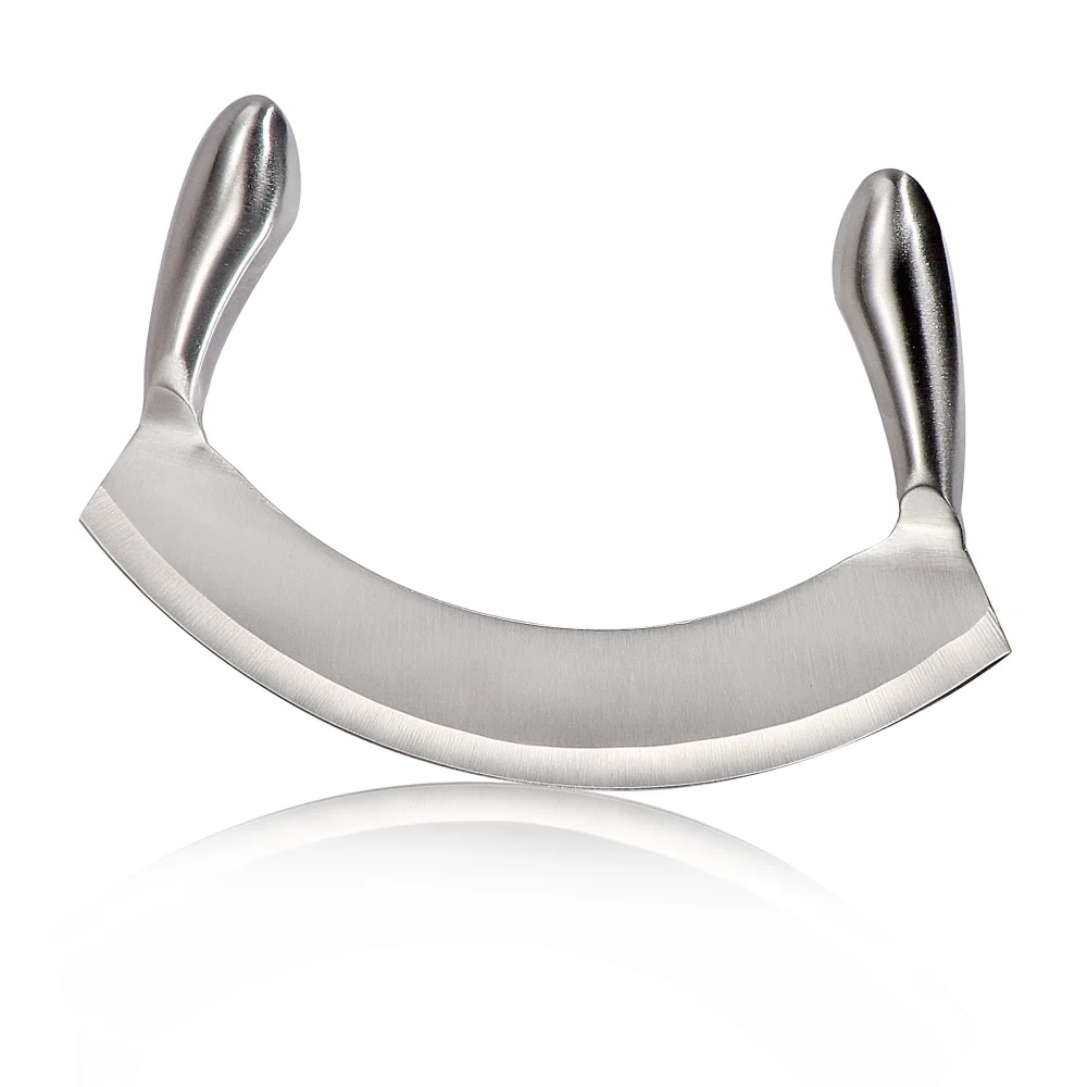 

8.5 Inch Stainless Steel Mezzaluna Knife Pizza Cutter Fruit Vegetable Salad Chopper Dicer With Curved Blade Kitchen Herb Mincer