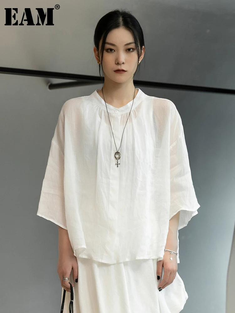 

[EAM] Women White Black Linen Big Size T-shirt New Stand Collar Three-quarter Sleeve Fashion Tide Spring Summer 2022 1DE1256