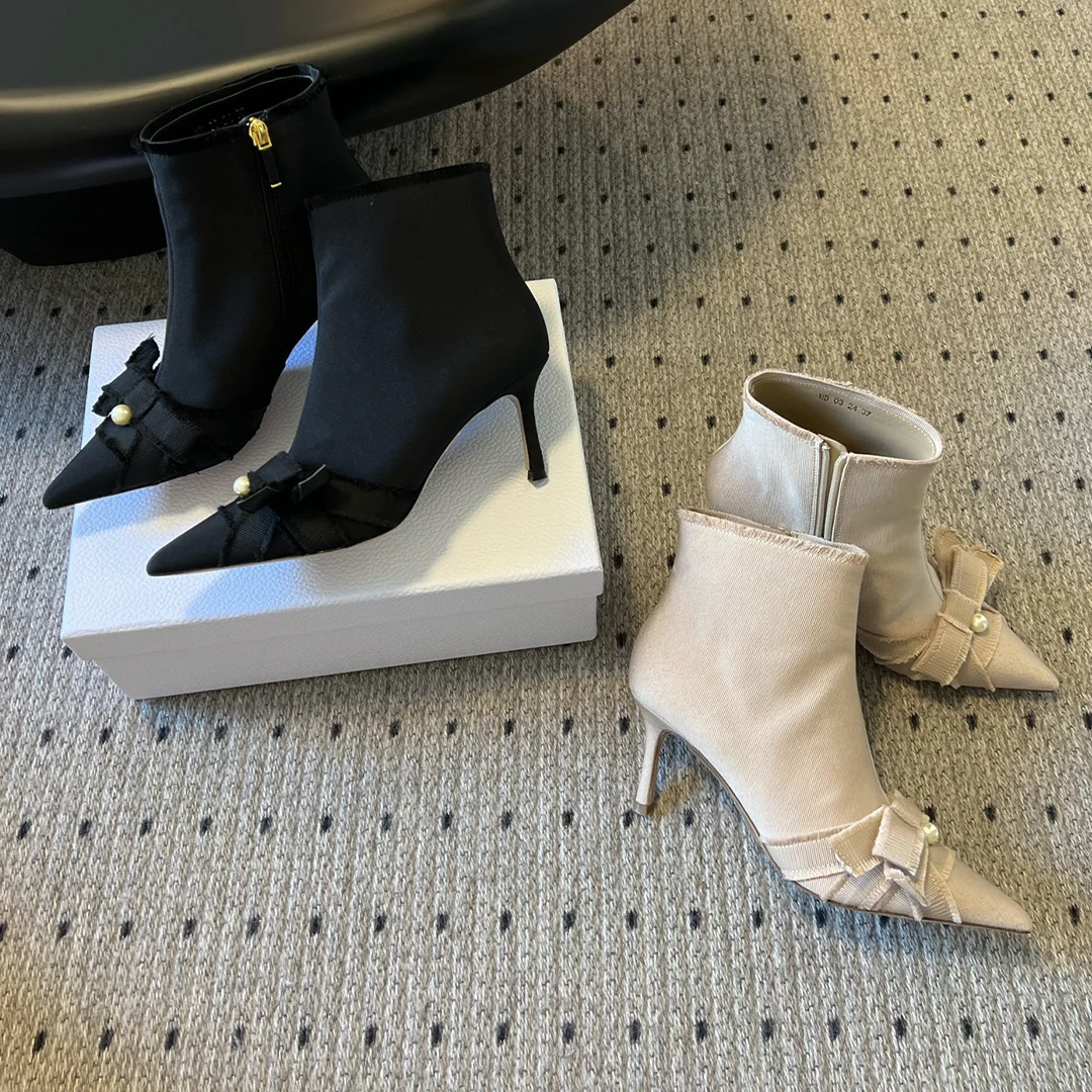 NIGO/женские шикарные ботинки на высоком каблуке с бантом и жемчугом однотонные