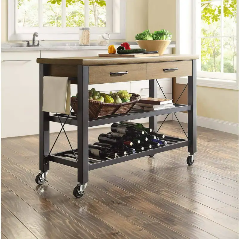 

Santa Fe Kitchen Cart with Metal Shelves and Stand Feature