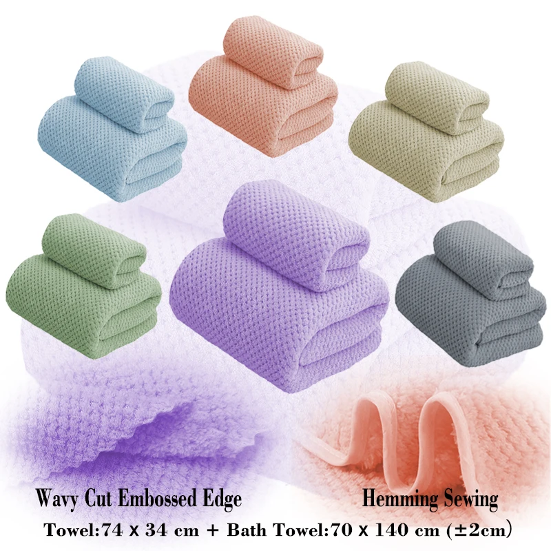 

Towel + Bath Towel 2 Set/ 240GMS Coral Fleece Pineapple Check / Wavy Embossed Edge Design / 6 Colors Available
