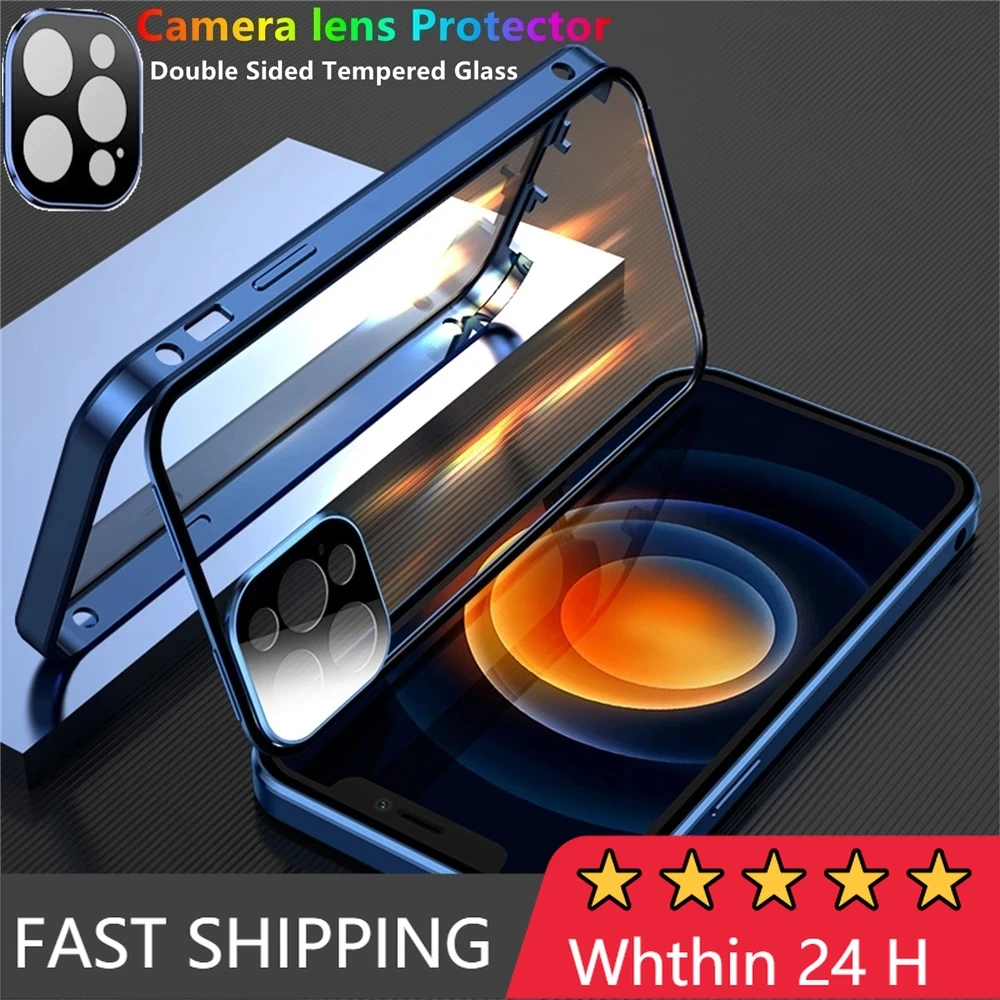 

Магнитный чехол для iPhone 13, 12, 11 Pro, XS Max, X, XR Mini с полной защитой 360 градусов, двухстороннее стекло с защитным покрытием для объектива камеры