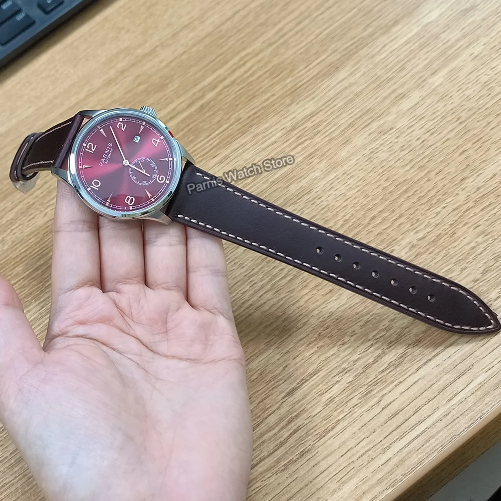 Мужские часы Parnis 41 5 мм с автоматическим механизмом красным циферблатом