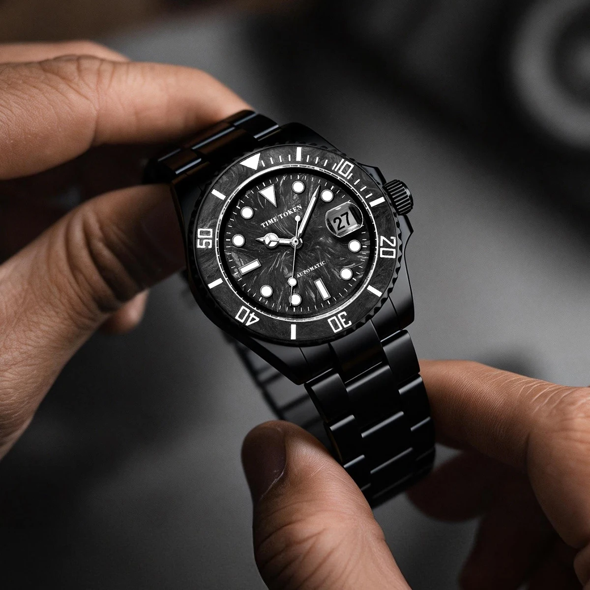 Фото Мужские часы TIME TOKEN 2026 из карбона, 40 мм, автоматические, водонепроницаемые (10 бар), с люминесцентным календарем, модель T527 №2