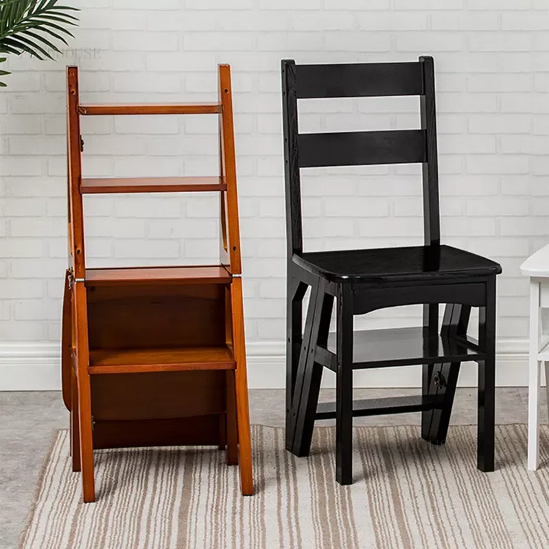 

Solid Wood Kitchen Furniture Step Stools Household Folding Ladder Chair Indoor Balcony Dual-purpose Four-step Climbing Ladder