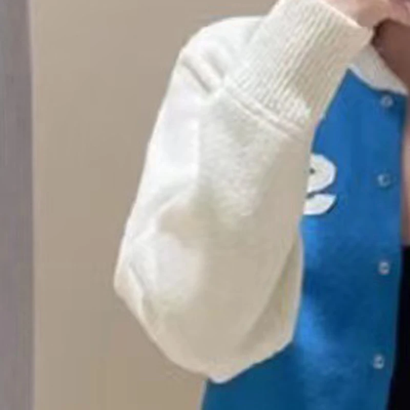 

Женский кардиган в стиле пэчворк, синий Кардиган с длинным рукавом, о-образным вырезом, на пуговицах, с надписью, весна 2023