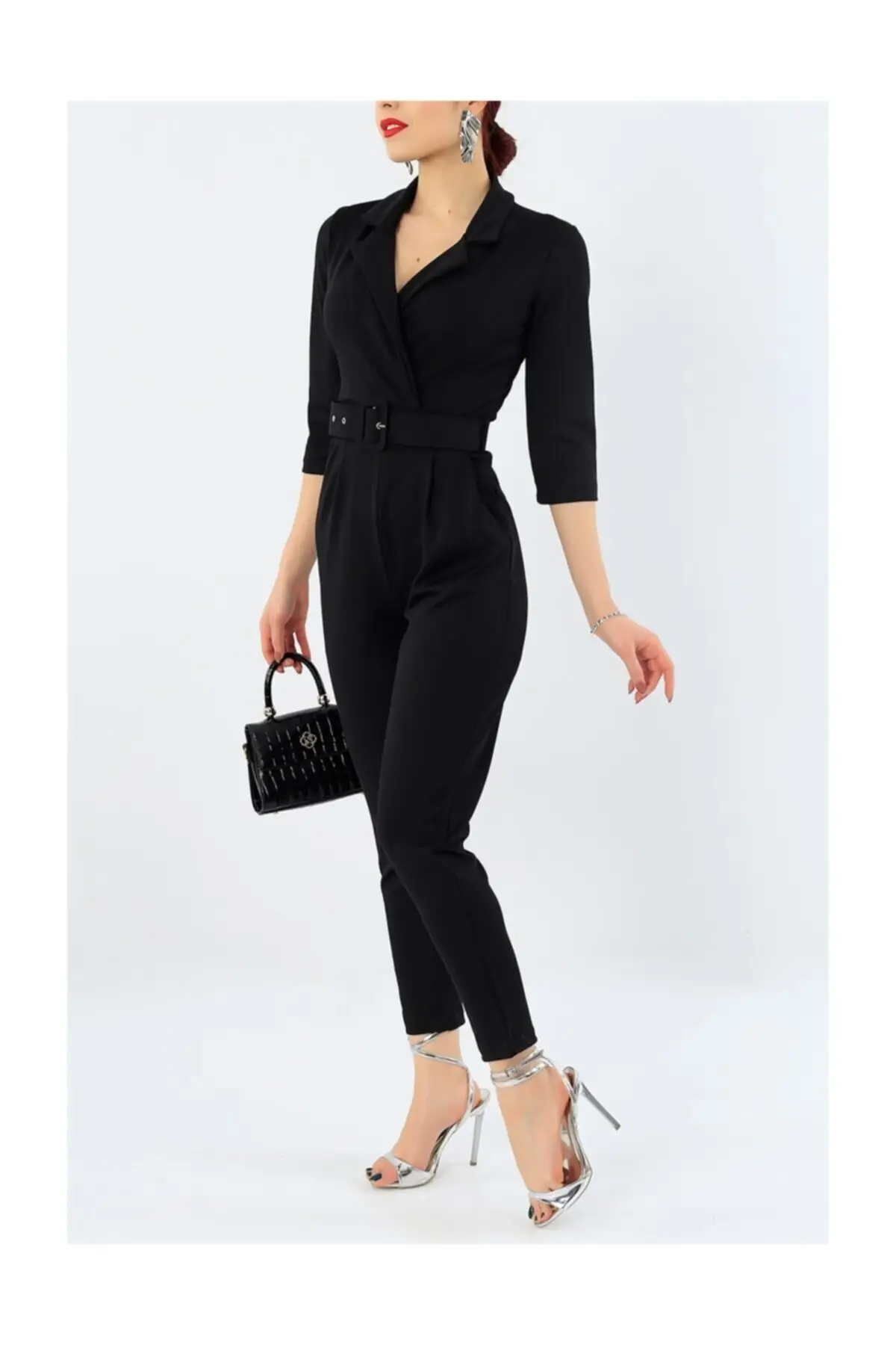

Women's Overalls Double Breasted Collar Detailed Belted Black Jumpsuit Hot Casual Fashion Sleeveless Baggy Trousers Overalls