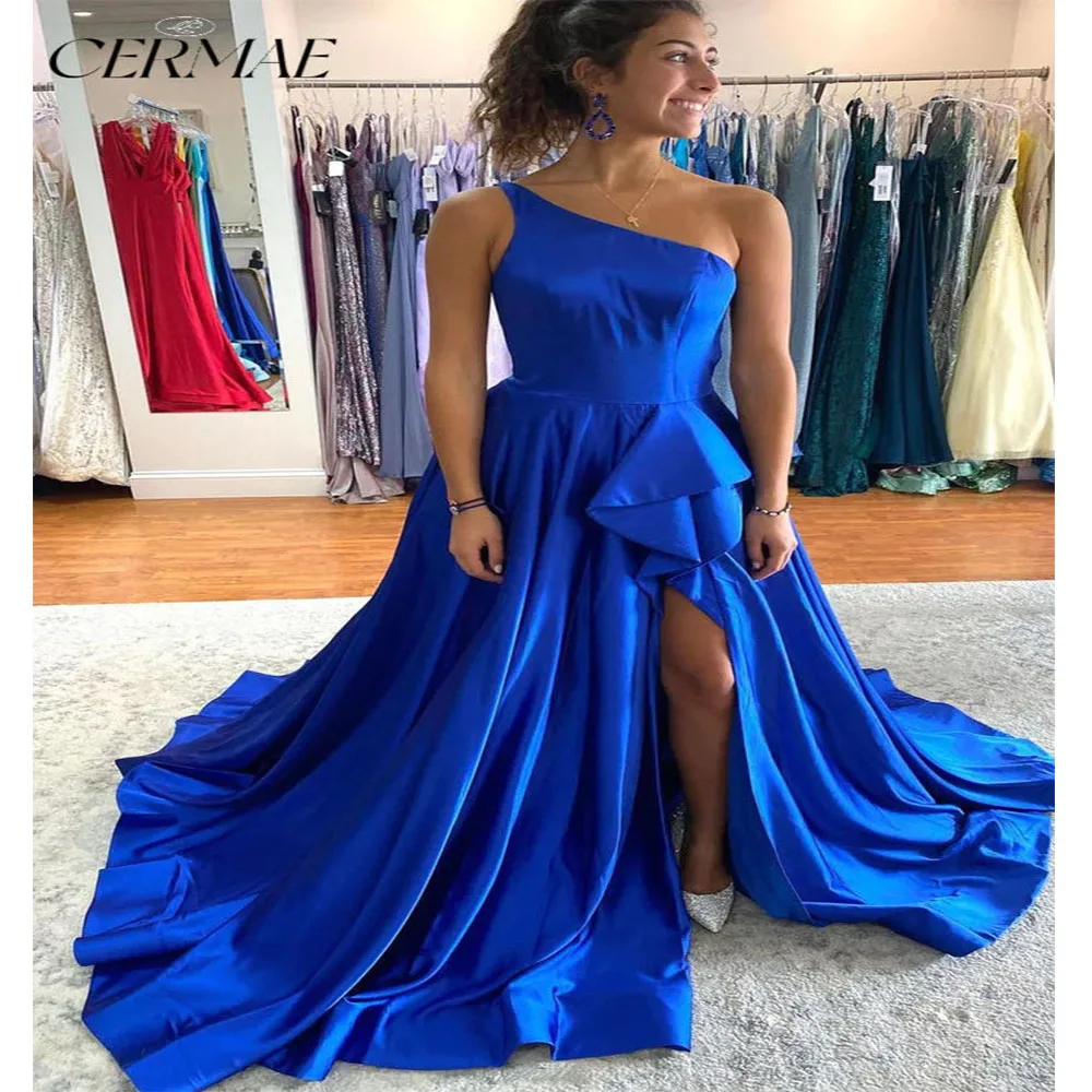 

CERMAE Blue Satin Single Shoulder Sleeveless Slit Elegant Formal Evening Prom Bridesmaid Party Long Dress for Women 2023