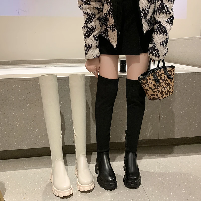 

Новые зимние сапоги до колена, модные женские облегающие зимние сапоги на толстом каблуке, бархатные эластичные сапоги на высоком каблуке, ...