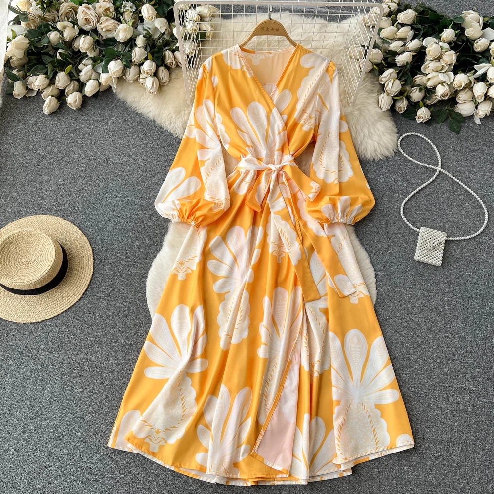 

Женское платье для отпуска в этническом стиле, весенне-осенняя коллекция 2023 с принтом и рукавами-фонариками, цветочный подол с завязкой на талии