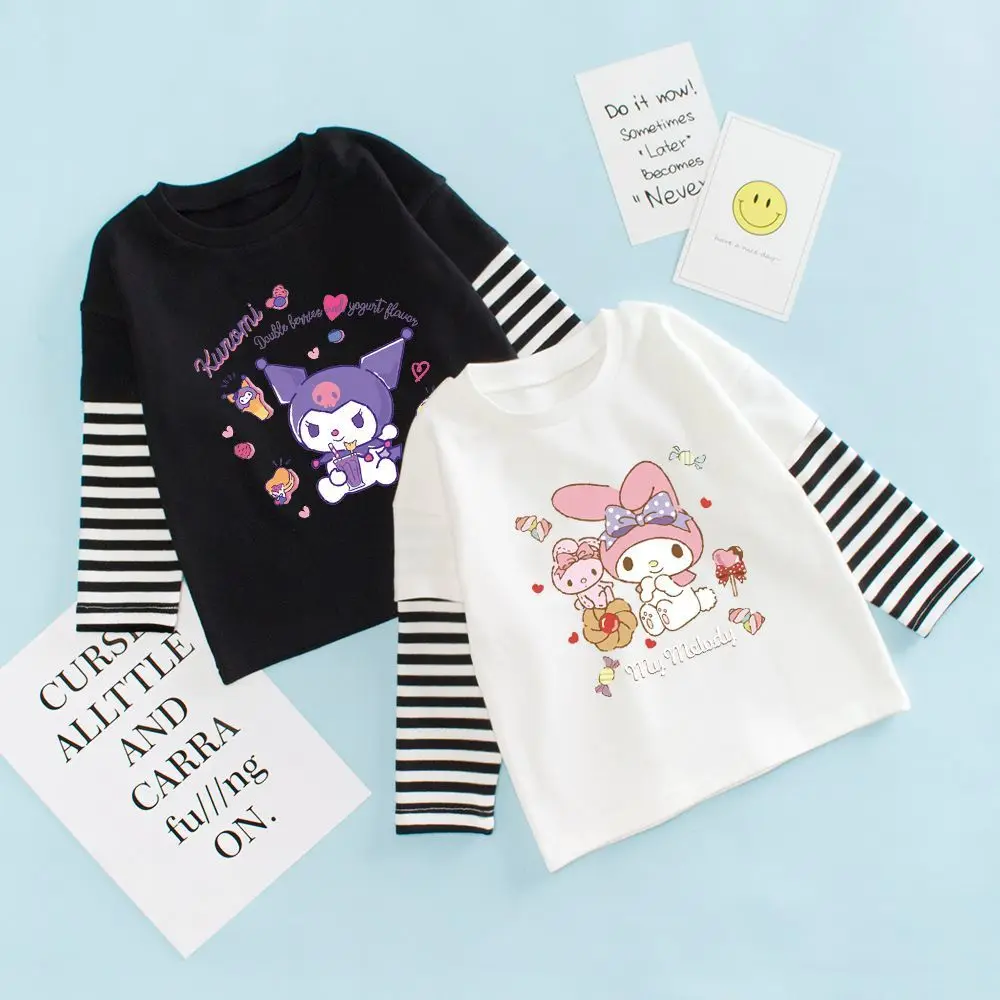 

Sanrios Anime Kawaii Kuromi My Melody Girls Long Sleeved Pure Cotton T-Shirt Fake Two Pieces Spring Autumn Seasons New Tops Gift