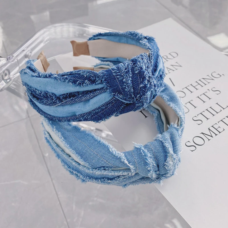 

New Denim Crinkled Wide Hairband Cross Knotted Hair Hoop Retro Folds Brushed Cowboy Head band Head Hoop Fashion Hair Accessories