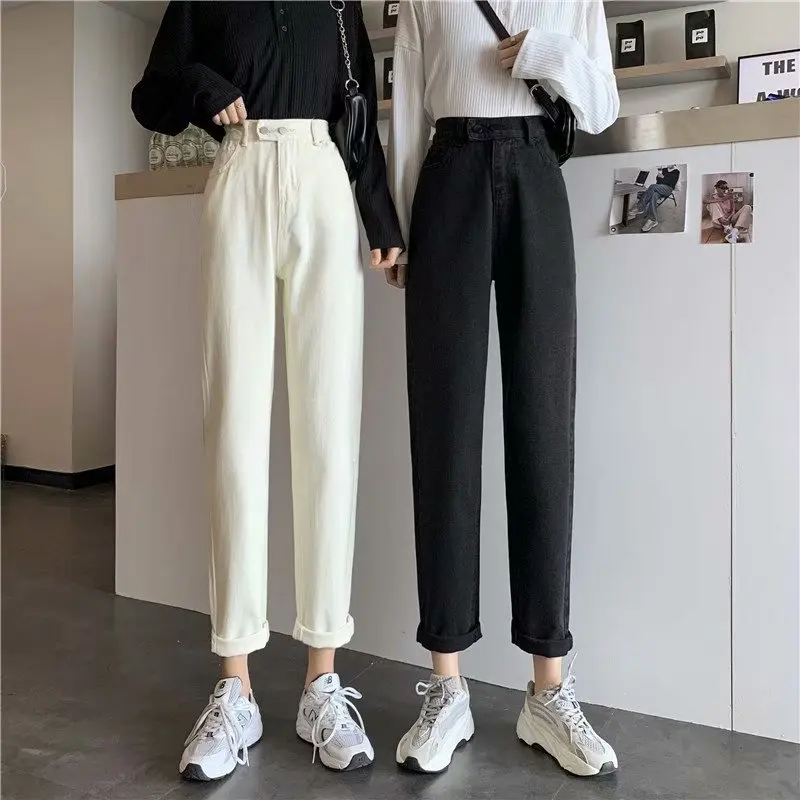 

Spring and Autumn Retro Wide-leg Thin Korean Version Jeans for Women Loose Leisure High-waisted Slim Black Straight-leg Pants