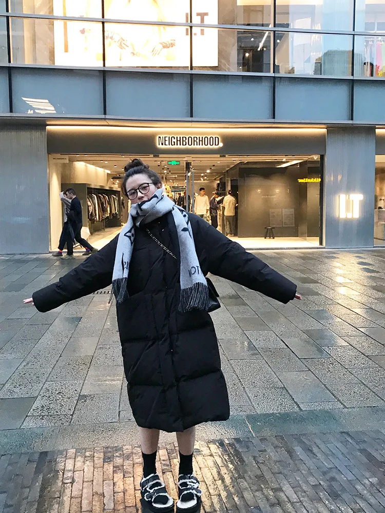 White duck down stand collar down jacket women's medium long loose thin coat