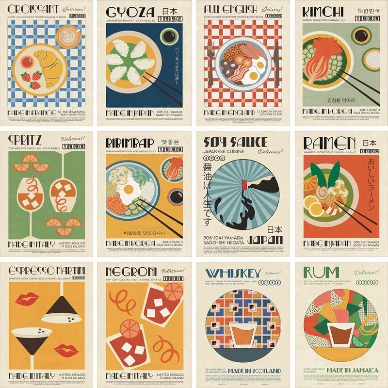 

Decorative Kitchen Poster Japanese Korean Foods Drinks Rum Ramen Cartoon Canvas Painting Retro Bar Wall Art Print Pictures Decor