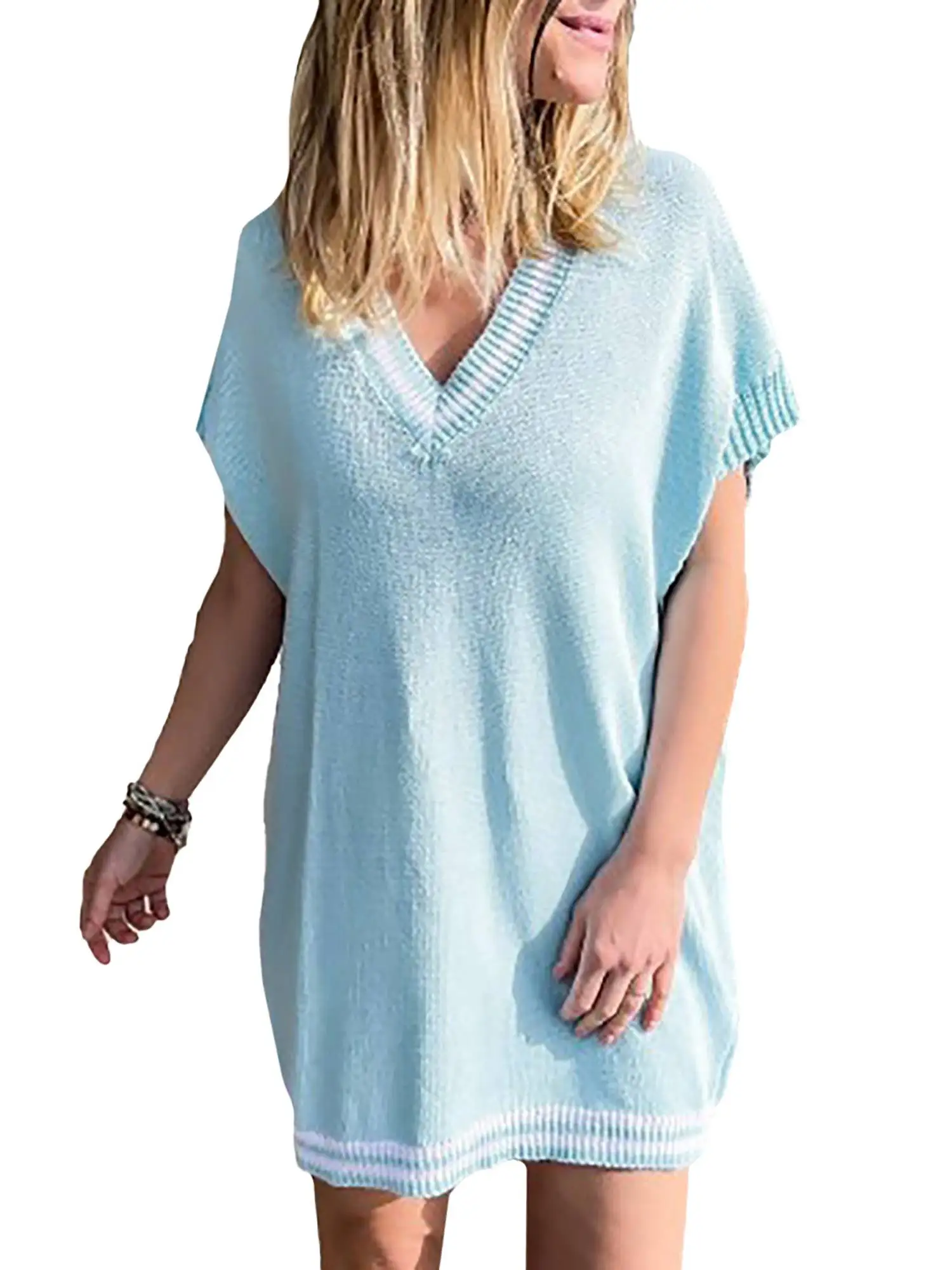 

Summer Knit Spliced Women's Mini Dress Short Sleeve Hollow Out Patchwork Women's Dresses 2022 Fashion Casual Lady Clothes