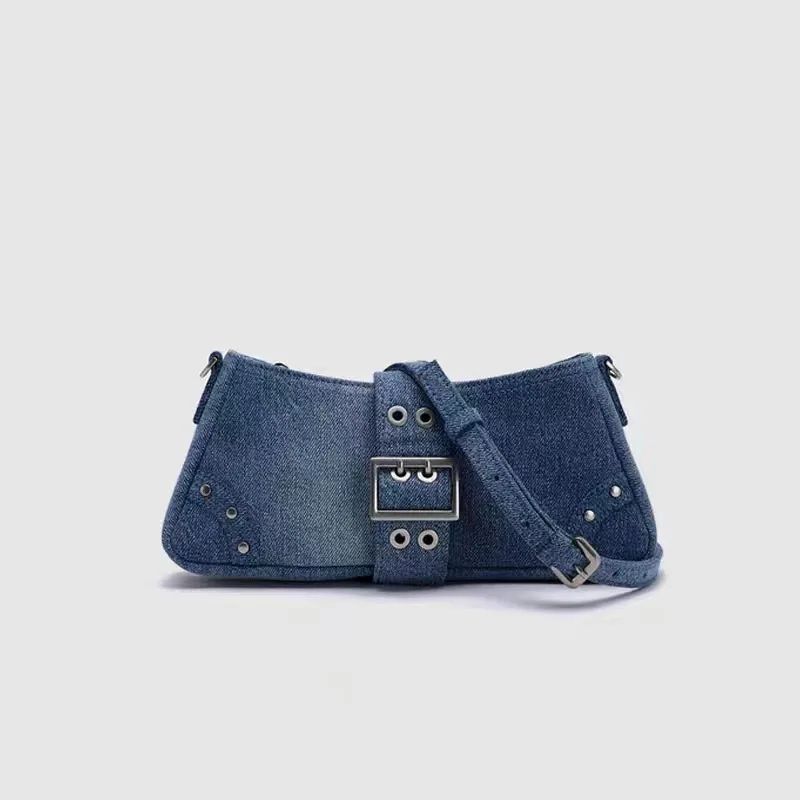 

Модные джинсовые сумки для девушек с заклепками, Ретро Темно-синяя джинсовая мотоциклетная сумка с двумя длинными ремешками, осенняя роскошная дизайнерская сумка