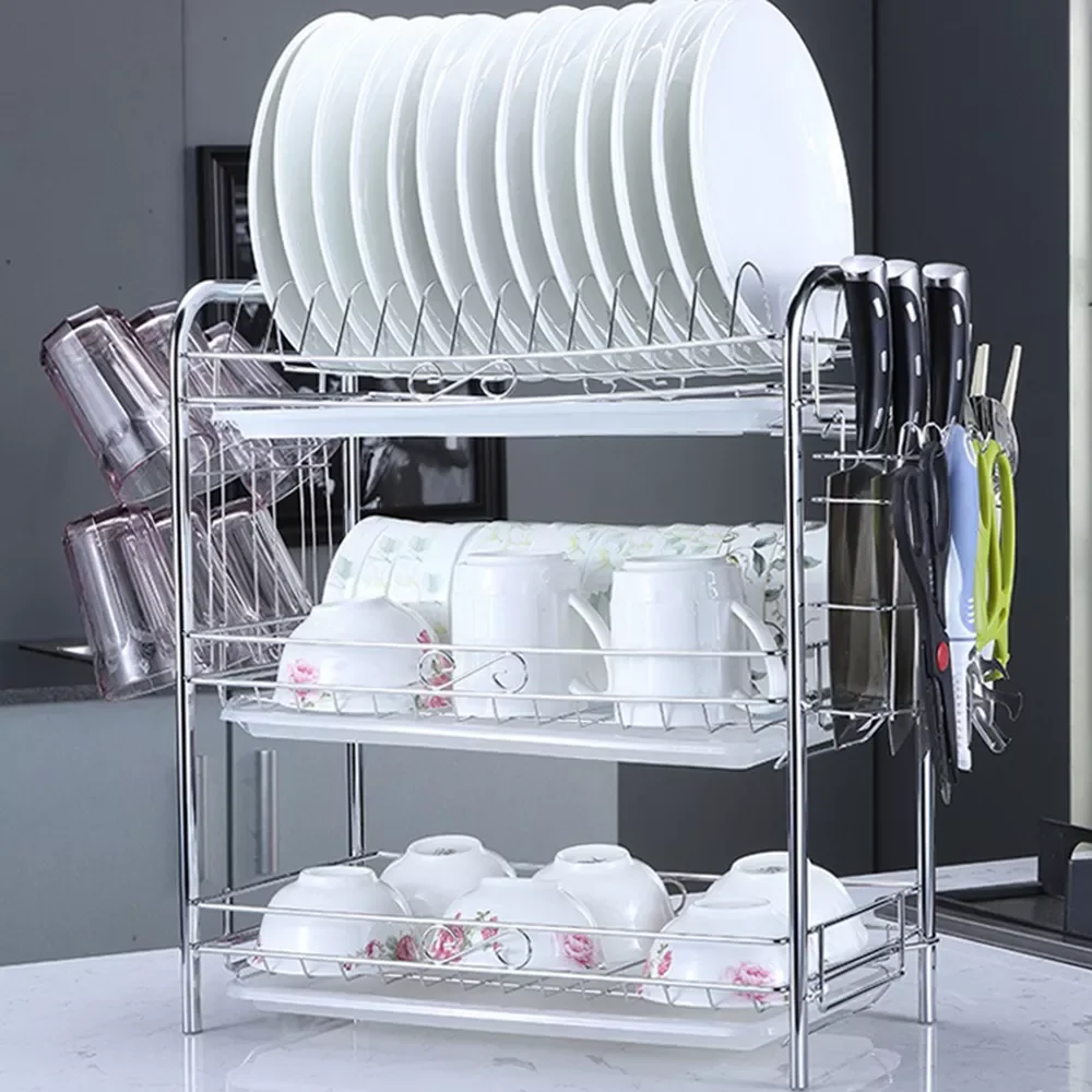 

3-Tier Dish Rack Rustproof Dish Drying Rack Carbon Steel Kitchen Organizer Dish Drainer with Drainboard Hooks Utensil Holder