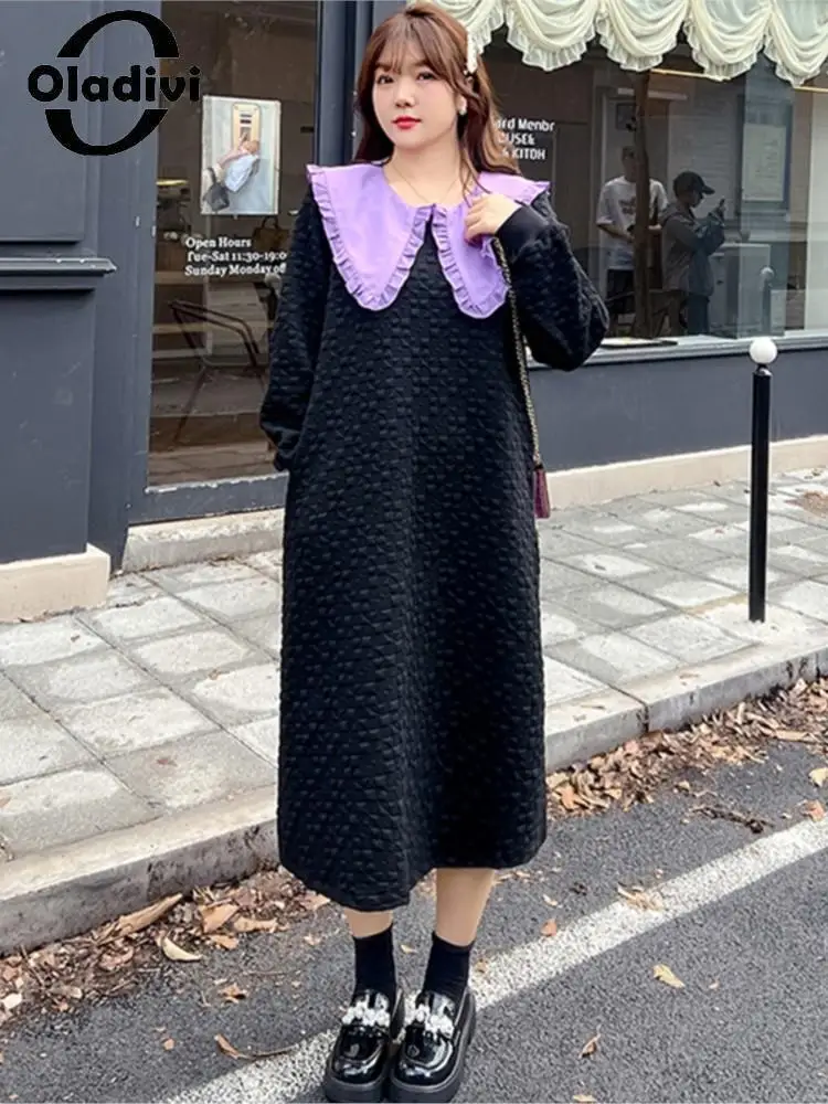 

Oladivi Large Size Women Clothing Fashion Casual Loose Cotton Padded Dress 2022 Autumn Winter Oversized Big Collar Dresses 1321