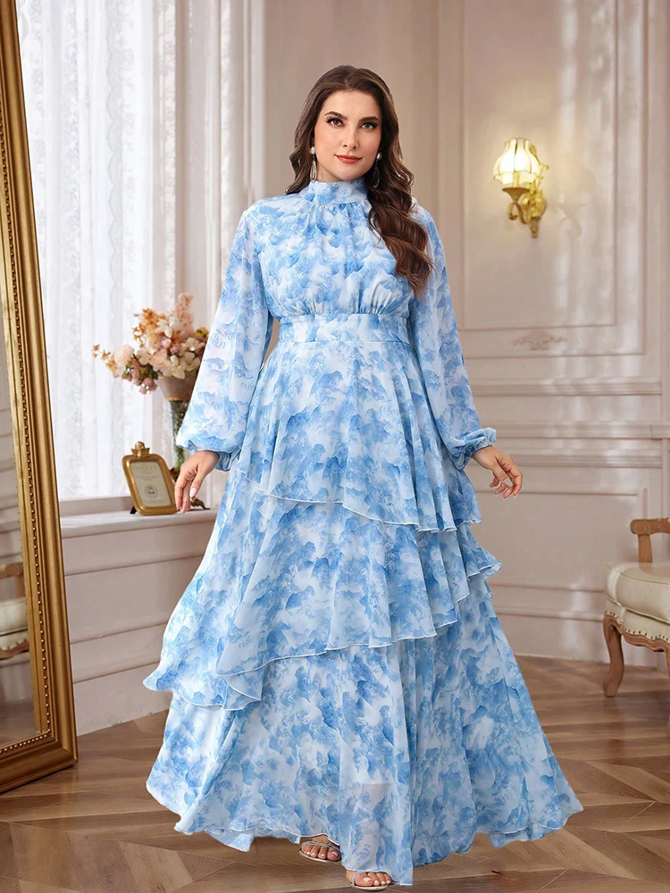 Женское платье с принтом воротником-стойкой и рукавами-фонариками