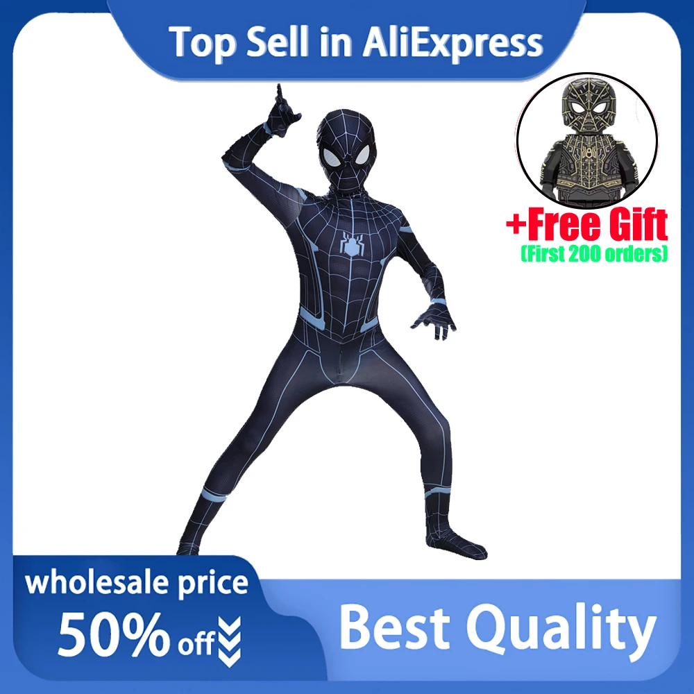 

110CM-180CM Spider-Man Homecoming Cosplay Costume Marvel Superhero Role Play Clothes Black Spider Bodysuit Jumpsuit For Boys