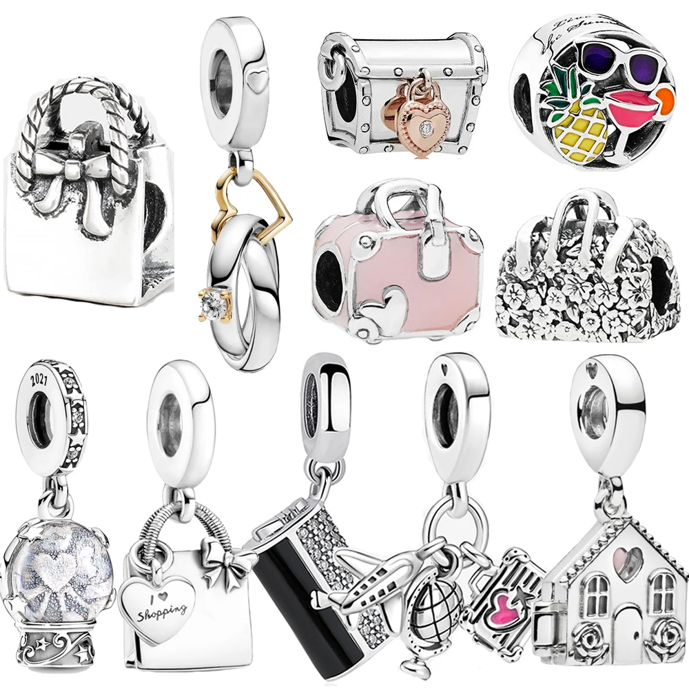 

100% Real 925 Sterling Silver Airplane, Globe & Suitcase Dangle Charm, Pink Travel Shopping Bag Charm Fit Pandora Bracelet Gift