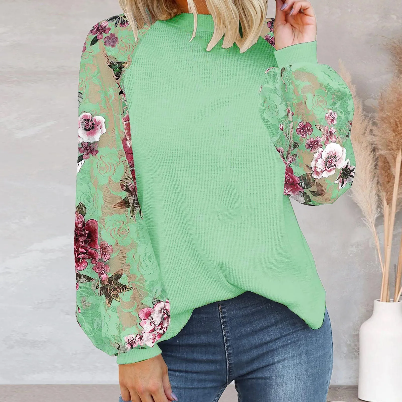 

Women Elegant Top Shirt Long Sleeve Round Neck Flower Printed Shirt Pullover Lace Casual Loose Womens Long Sleeve Cotton Shirt
