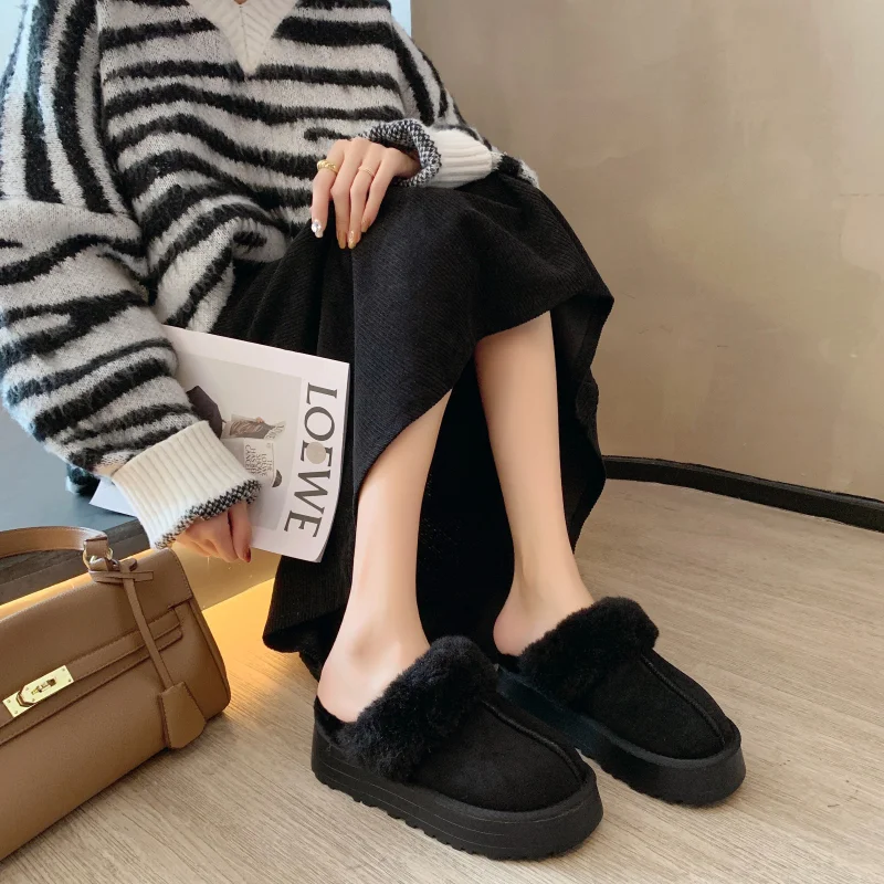 

Thick Fur Winter Luxury Warm Shoes Slippers Platform Heels Casual Cotton Occupy Home Slides Boots 2022 New Plush Women Shoes