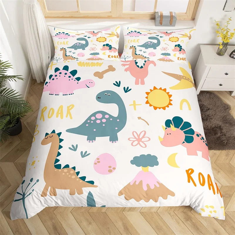 Cute Dinosaur Duvet Cover Set Twin Cartoon Animal Bedding Set For Boys Girls Room Decor Watercolor Animal Print Comforter Cover