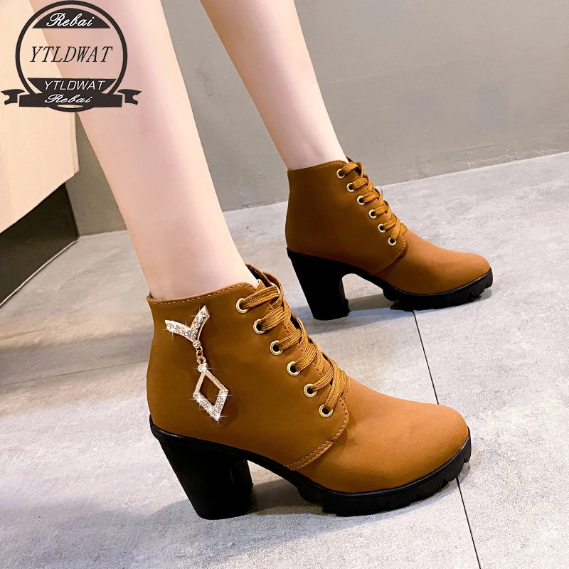 

New Ankle Boots for Women New Elegant Square Heel Shoes Woman High Solid Vintage Lace-up Ladies Winter Platform Boots High Heel