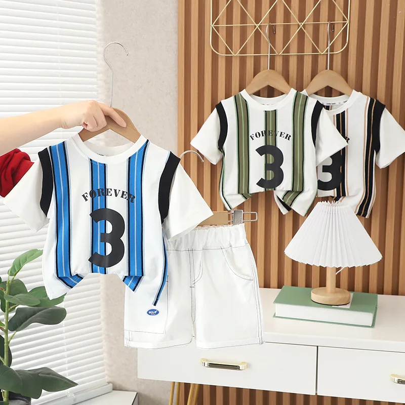

2023 Summer Child Clothes Sets Short Sleeve O Neck Striped Letter Number Blue 2 Piece Sets Designer Boys Clothes Sets 12M-5T