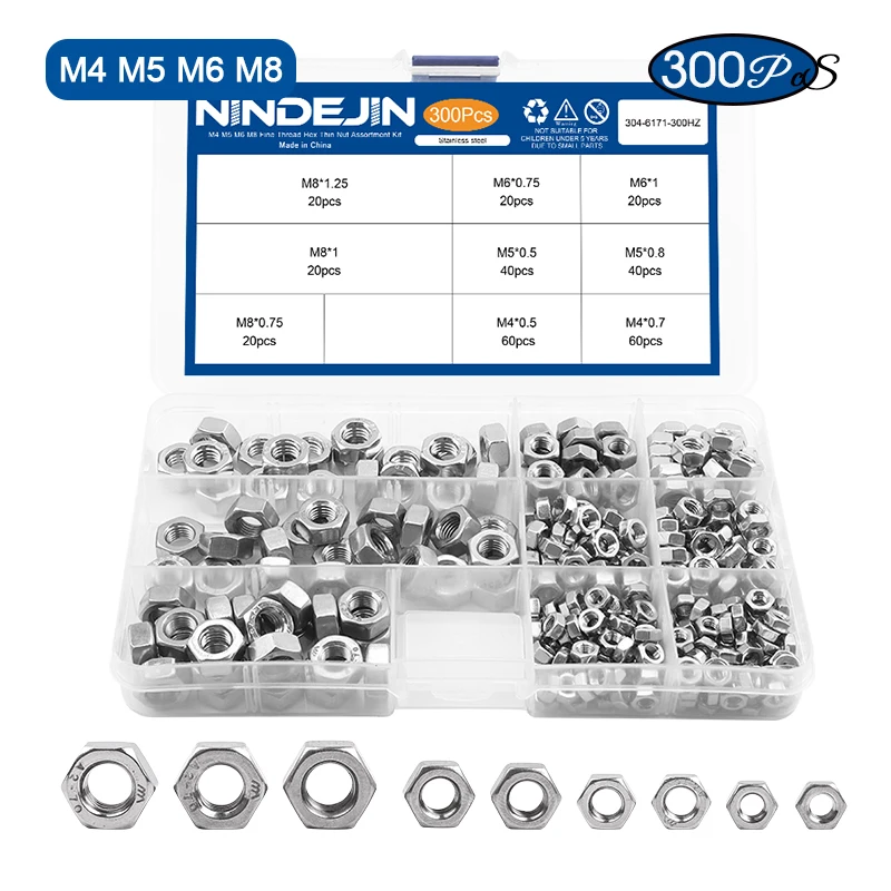 NINDEJIN набор тонких ниток 90 шт 300 шт M4-M16 Шестигранная гайка из нержавеющей стали Метрическая тонкая резьба шаг Шестигранная гайка набор