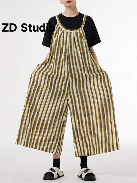 

[ZD Studio] Loose Fit Women Green Striped Size Long Jumpsuit New High Waist Pocket Stitch Pants Spring Summer 2023