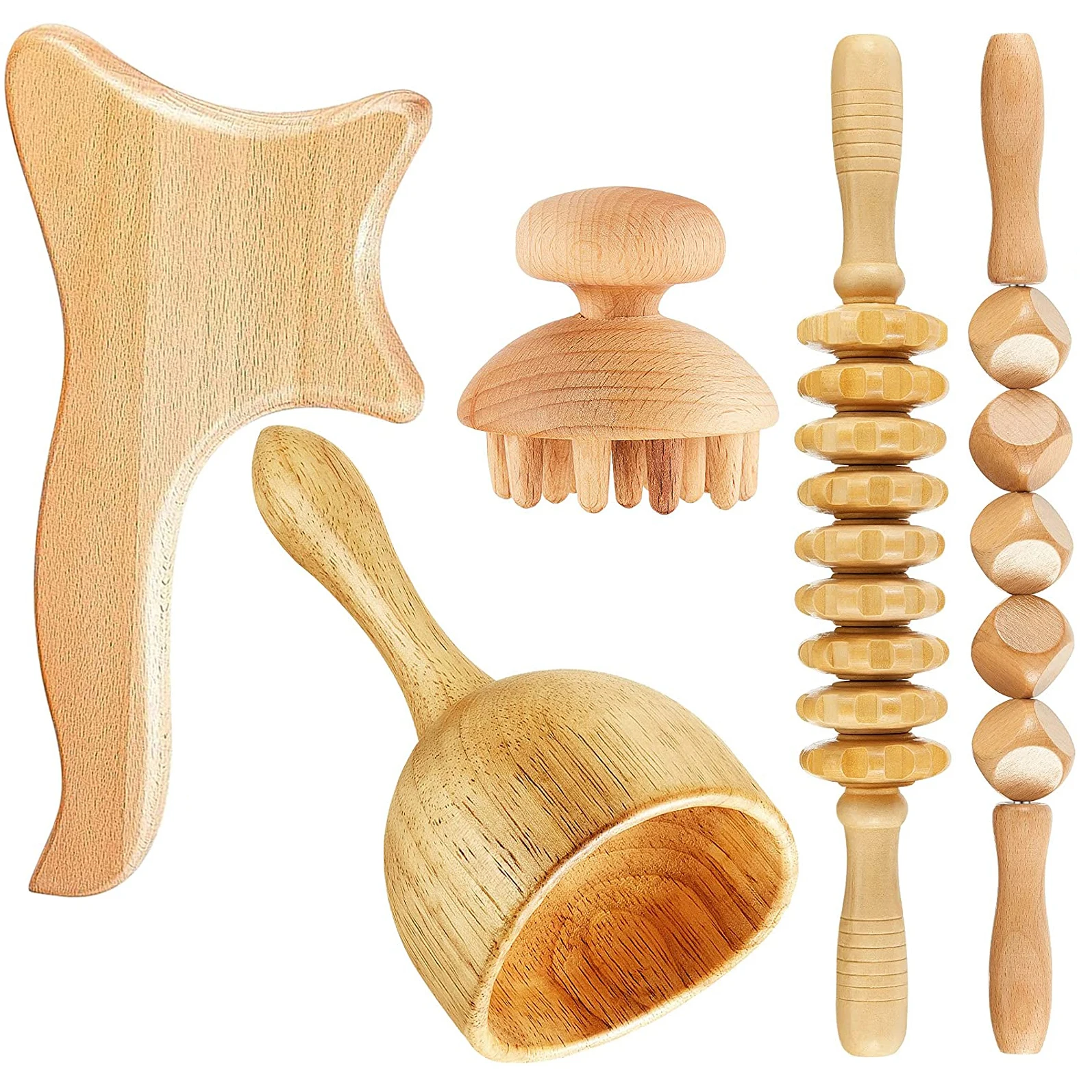 

2-5pcs Wood Body Massager Anti Cellulite Cube Massager Handheld Scraping Rollers Head Body Cupping Cups Gua Sha Board Stick