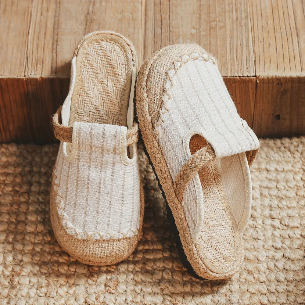 

Casual striped linen slippers ethnic style slippers women's fashion flat-heeled stitched breathable cloth shoes